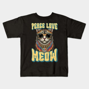 Peace Love Meow, Retro Groovy Style Hippie Cat Lover Design Kids T-Shirt